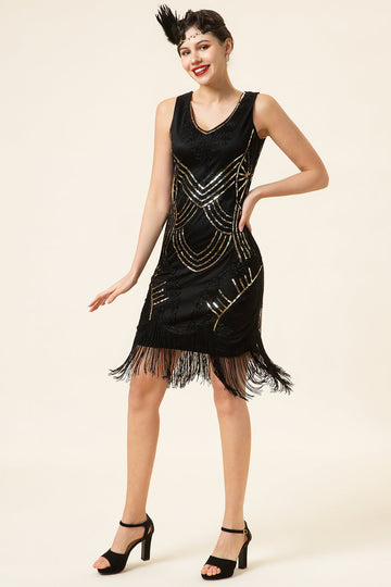 Preto Fringes 1920s Vestido Com 20s Acessórios Set